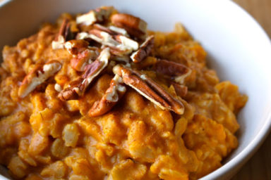 Pumpkin spice crockpot oatmeal is quick and easy to prepare. It's perfect for a fall breakfast of brunch.